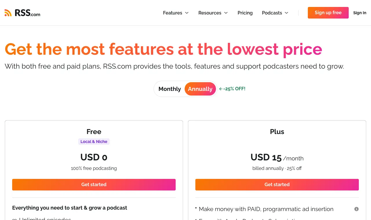 RSS.com (Free plan)'s pricing page, 6 October 2026