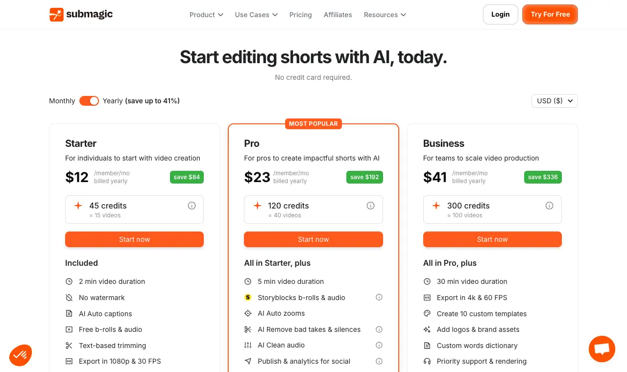 Submagic's pricing page, 6 October 2026
