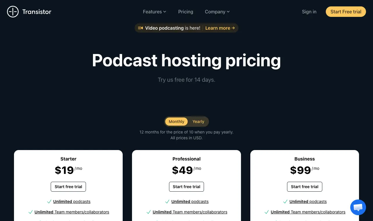 Transistor's pricing page, 6 October 2026