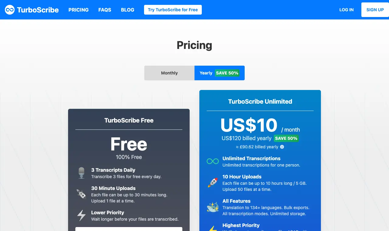 TurboScribe's pricing page, 6 October 2026