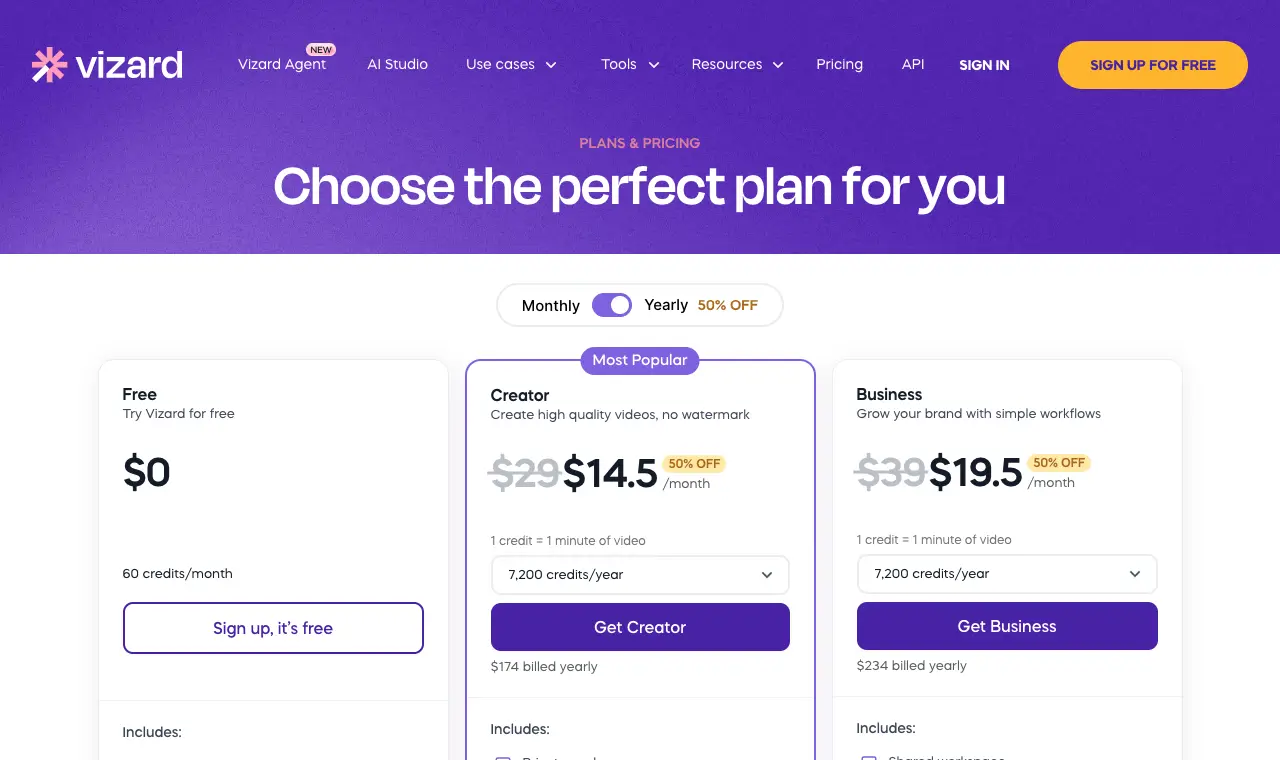 Vizard's pricing page, 6 October 2026