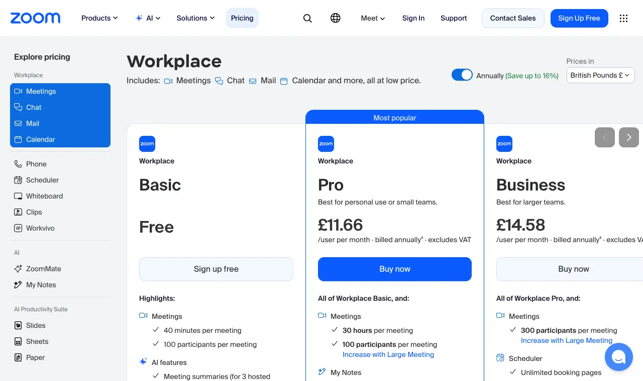 Zoom Workplace's pricing page, 6 October 2026 (prices in pounds because we read it from the UK)