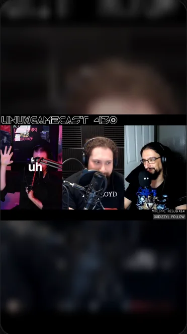 A three-person video call shown whole inside a vertical frame: three small tiles in a strip across the middle, with a blurred copy of the call filling the space above and below.