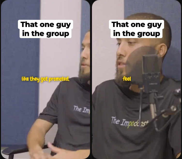 Two frames of another clip: on the left a wide shot where the host sits at the right edge of the frame with half their face cut off; on the right a close-up where the host is centred.