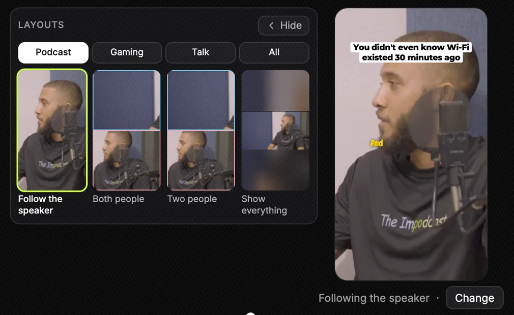 The Slice clip editor: a Layouts panel with tiles for Follow the speaker (selected), Both people, Two people and Show everything, beside the vertical preview, which reads Following the speaker.