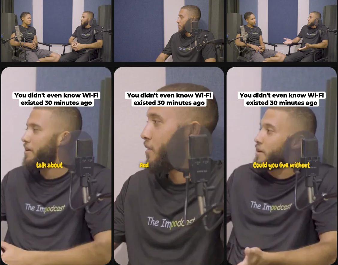 Top row: three frames of the episode as filmed, a wide shot of both hosts, a close-up of one host, the wide shot again. Bottom row: the same three moments in the vertical clip, each showing that host as they talk.