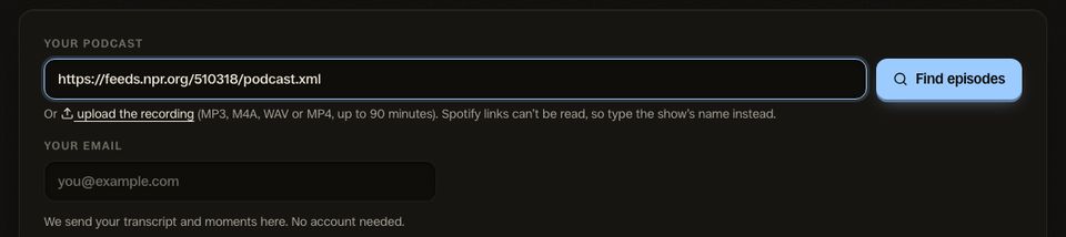 The clip finder with an RSS feed pasted and the Find episodes button